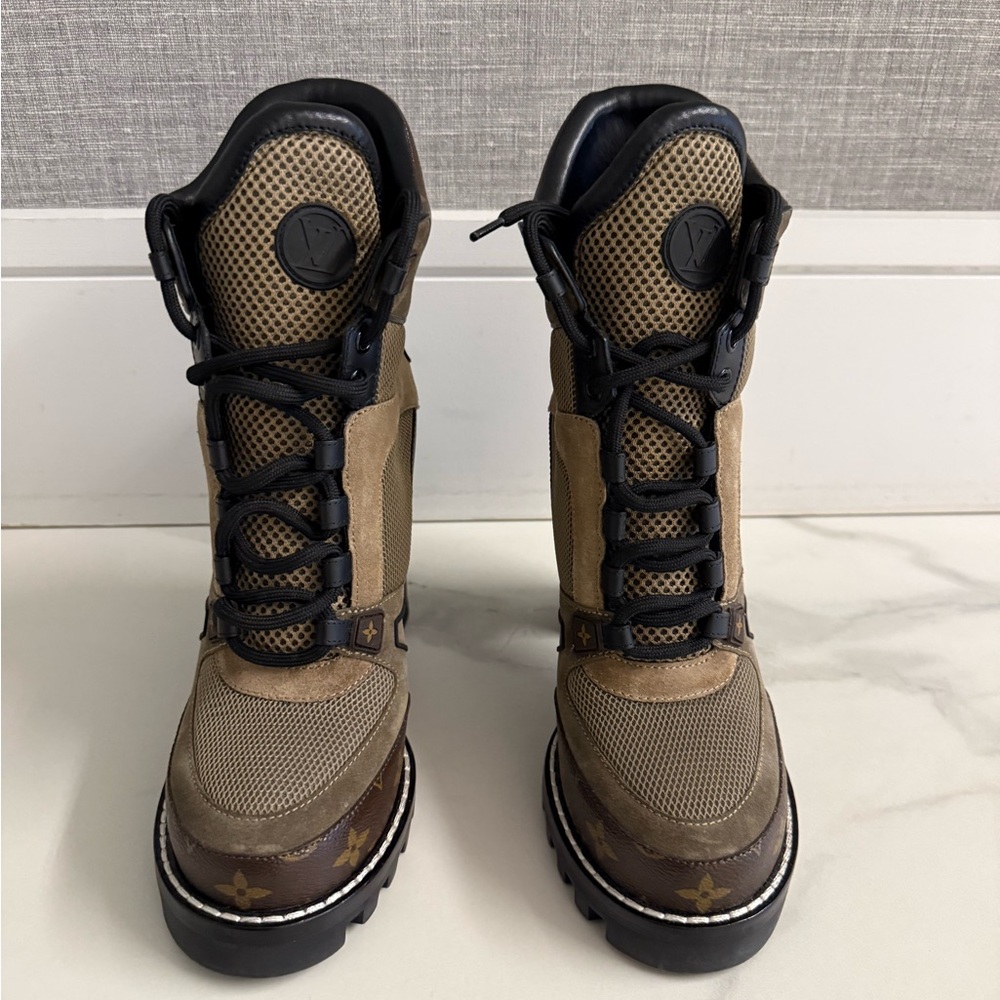 Louis Vuitton Brown & Black Monogram Lace-Up Ankle Boots